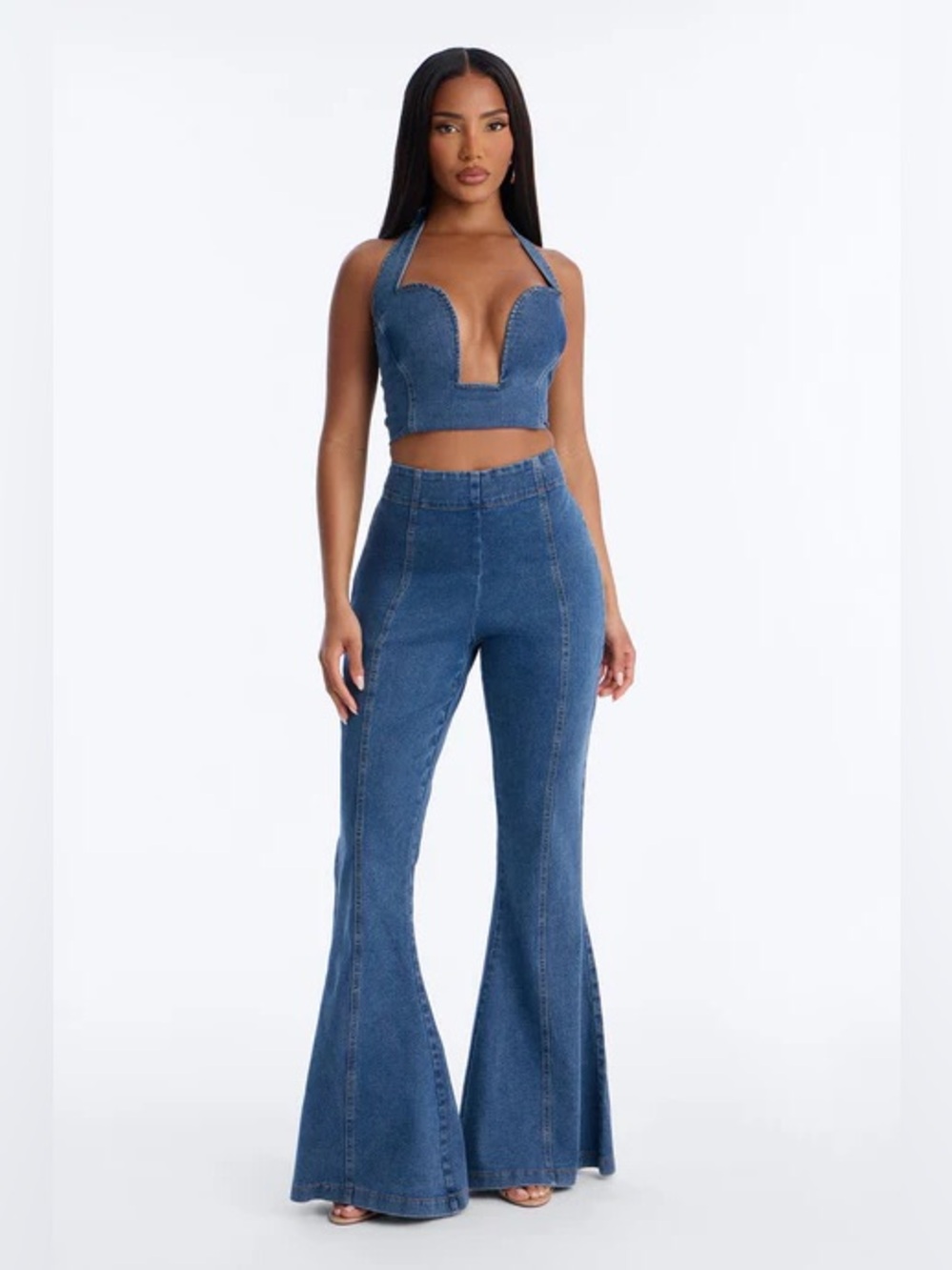 Fashion Nova Blue Denim Halter Crop Top & Flare Jeans Set